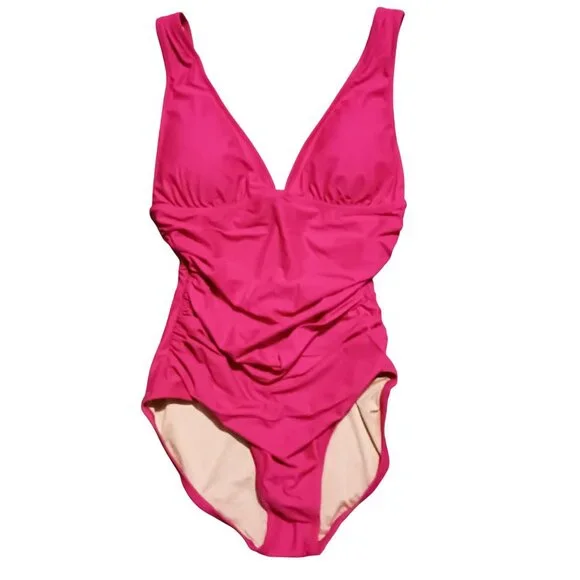 NEW J. Crew‎ Ruched V-neck One-Piece Swimsuit in Radiant Fuchsia/Bright Pink 10 - Picture 5 of 15